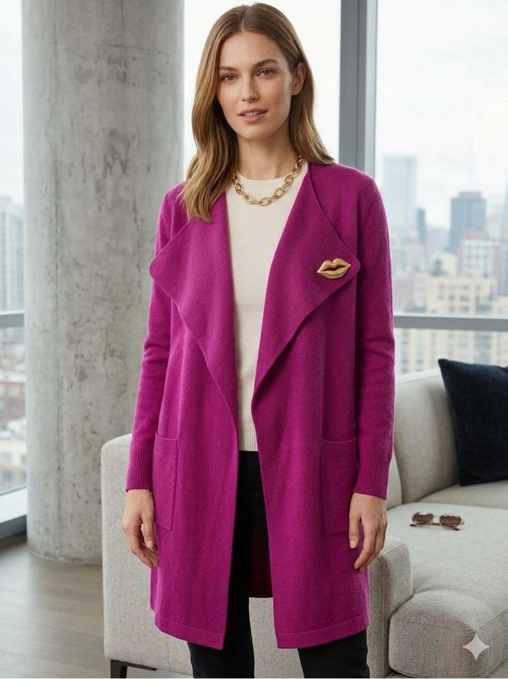 Diane von Furstenberg DVF Magenta Wool Cashmere Blend Cardigan Sweater Size M